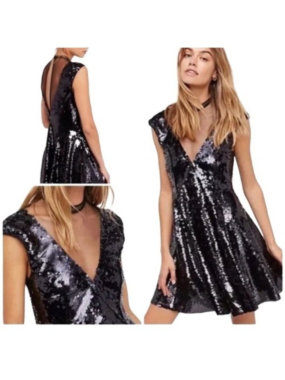Free People Dance Till Dawn Black Sequin Fit & Flare Mini Dress